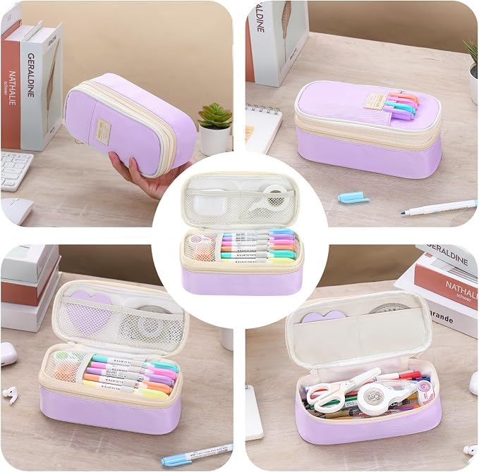 Large Pencil Bag for Girls Teens Kids School Pencil Case Organizer Purple | Zipper Pencil Pouch Big Cute Stationery Aesthetic Pencil Box for School Office, Wear-resistant Fabric, Large Capacity Design