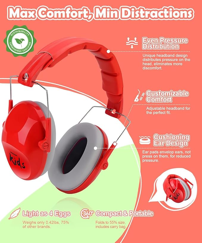 PROHEAR 032 Kids Noise Cancelling Headphones with Adjustable Headband - 25dB NRR Autism Ear Protection for Child at Mowing Studying Sleeping Racing - 2 Pack - Red and Blue