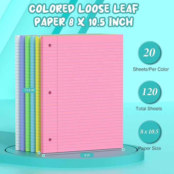 120 Sheets Loose Leaf Paper 8 x 10.5, 6 Colors Lined Paper College Ruled, 3-Hole Punched Notebook Paper 8 x 10.5, 3-Ring Binder Paper 20 Sheets/Pack, Colored Filler Paper for Office, School, Home