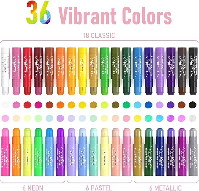 JUPITEARTH Paint Sticks for Kids 36 Colors, Quick Drying, Smooth, Non-Toxic and Washable Solid Tempera Paint Sticks with 120 PDF Coloring Pages and 30 Stickers, Toddler Art Supplies for Drawing