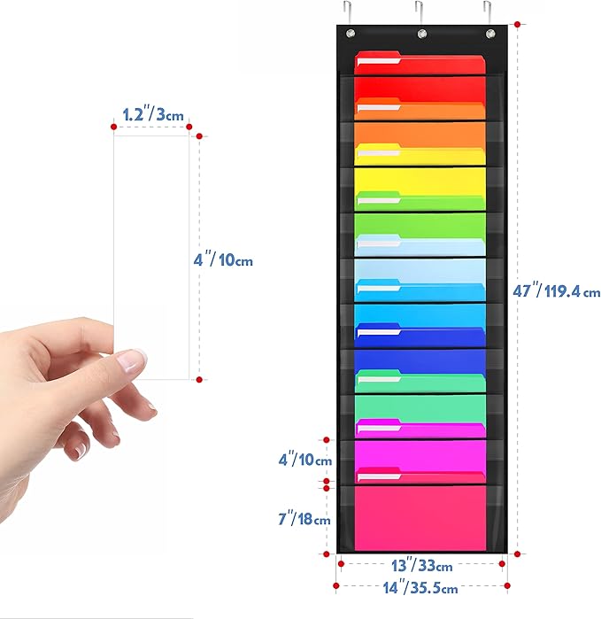 Storage Pocket Chart,Heavy Duty Wall File Organization Folder with 10 Clear File Pockets, 10 Blank Name Stickers Plus 3 Metal Hangers & 4 Hooks for Files, Bills, Classroom & Office (Black, 14” X 47”)
