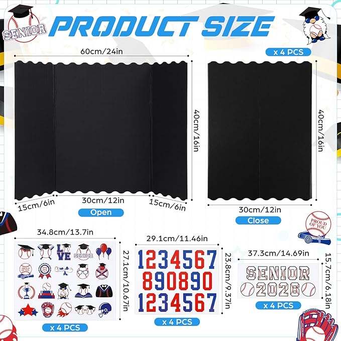 Resurhang 4 Set 24''x16'' Baseball Senior Night Gifts Senior 2026 Trifold Poster Board Photo Display Board with 12 Sheet Sports Themed Stickers for Graduation Picture Frame Sport Theme Party Supplies