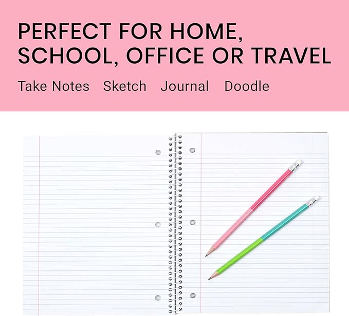 Yoobi College Ruled Spiral Notebook Set – 6-Pack of 2 Subject Notebooks, Pink, Gray & Marble Designs for Kids & Tweens – 150 Perforated 3-Hole Punched Sheets Each – 10.5” x 8”