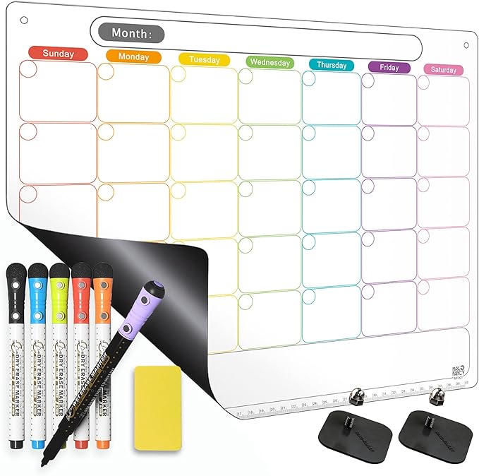 Dry Erase Calendar Kit- Magnetic Calendar for Refrigerator - Monthly Fridge Calendar Whiteboard with Extra-Thick Magnet Included 5 Marker & Eraser & Adhesive Hooks for Wall Hanging