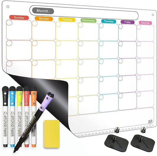 Dry Erase Calendar Kit- Magnetic Calendar for Refrigerator - Monthly Fridge Calendar Whiteboard with Extra-Thick Magnet Included 5 Marker & Eraser & Adhesive Hooks for Wall Hanging