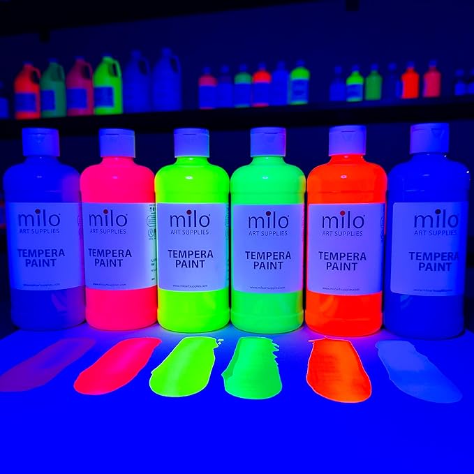 milo Fluorescent Neon Washable Tempera Paint | 16 oz Bottles 6 Colors | Made in the USA | Glows UV in Black Light | Safe & Non-Toxic Paint for Arts & Crafts, Poster, Window, Classroom, School, Project