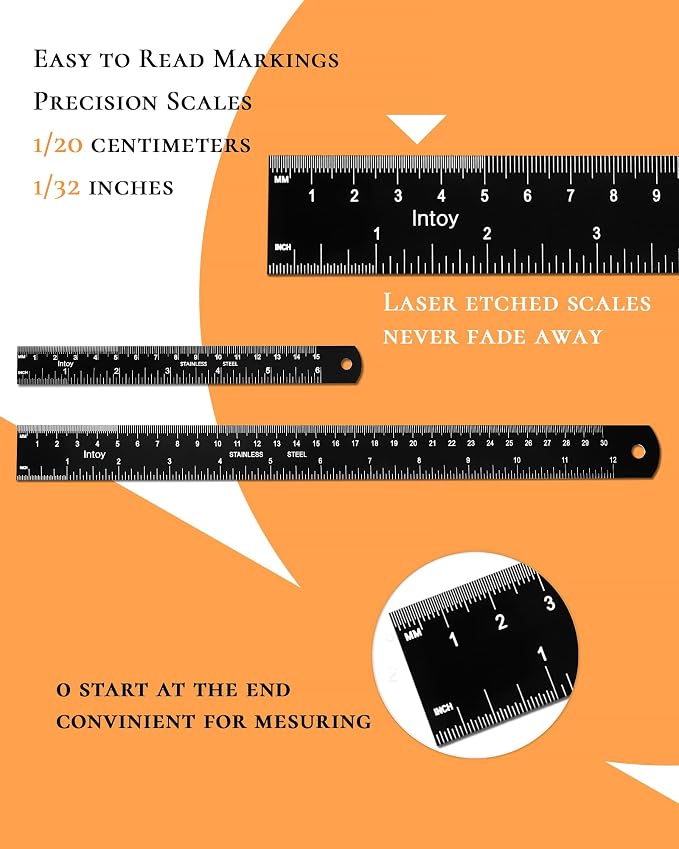 Metal Ruler 12 Inch and 6 Inch with Metric Scales Millimeter, Centimiter, and Conversion Table, Easy to Read Straight Edge Starts at 0, Stainless Steel Rule for School and Office, 2 Pack