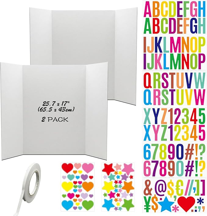 Tri-Fold Poster Boards, 25.7x17 Inch, Corrugated, 2-Pack, for School Projects and Exhibitions, with Double-Sided Tape and Colorful Stickers