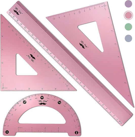 Mr. Pen- Metal Geometry Kit, 4 Pack, 45° & 30°/60° Set Squares, 6" Protractor & 12" Ruler, Durable Metal Drafting Tools for Technical Drawing, Math, Engineering & Architecture