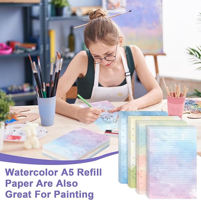 300 Sheet Watercolor A5 Refill Paper Planner Inserts for 6-Hole Binder A5 Loose Leaf Lined Refill Paper 100 GSM Notebook Filler Paper 6 Hole Loose Leaf Paper for Budget Planner Journal 5.6" x 8.2"
