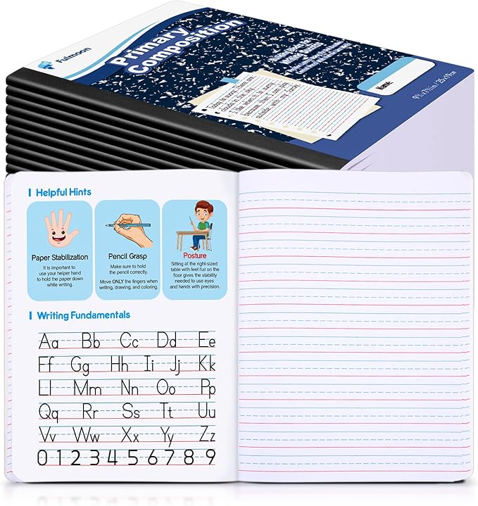 Fulmoon 24 Pack Primary Composition Notebook,Grade K-2 Journal Wide 3 Line Ruled,80 Pages,Marble Cover,7-1/2" x 9-3/4" Primary Writing Notebook for Kindergarten Preschool,1st 2nd Grad (Blue Color)