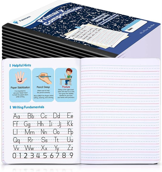 Fulmoon 24 Pack Primary Composition Notebook,Grade K-2 Journal Wide 3 Line Ruled,80 Pages,Marble Cover,7-1/2" x 9-3/4" Primary Writing Notebook for Kindergarten Preschool,1st 2nd Grad (Blue Color)