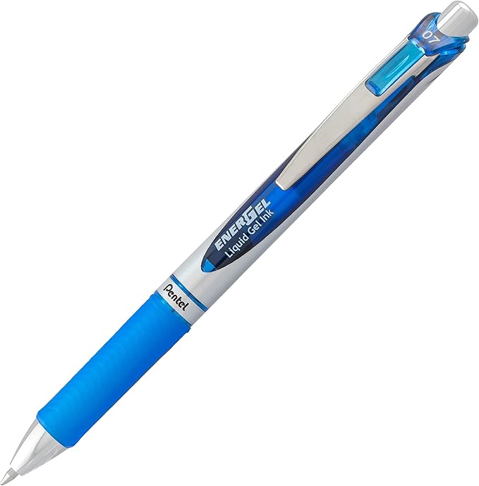 Pentel EnerGel RTX Gel Pens, 0.7 mm Metal Tip, Black/Silver Barrel, Blue Ink, Box of 12 (BL77-C)