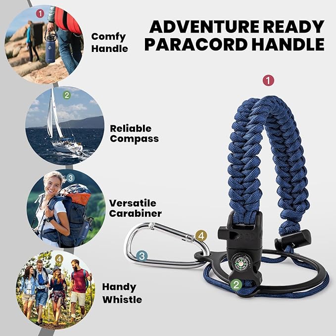 RAYMYLO Insulated Water Bottle 32 oz, Triple Wall Vacuum Stainless Steel (Cold for 24Hrs, Hot for 12Hrs), Leak Proof & Non-BPA, Modern Water Flask Jug with Paracord Handle & Straw Spout Lids