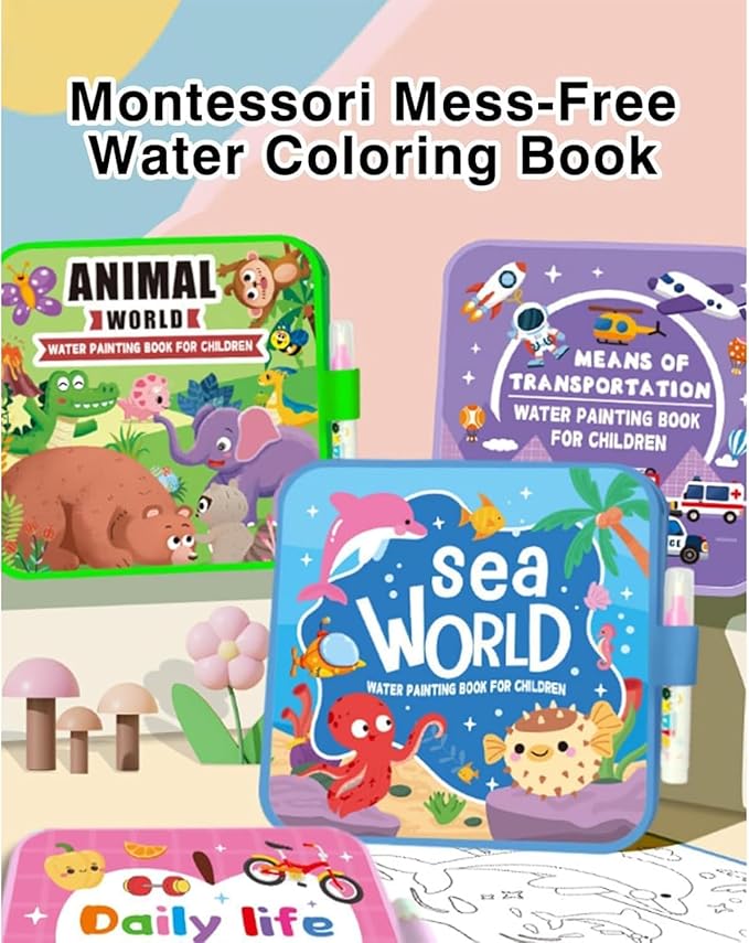 Montessori Mess Free Water Coloring Book, 2026 New Montessori Reusable Water Painting Book, Water Paint Color Book, Requires No Washing, Simply Add Water to Reveal Vibrant Color (D)