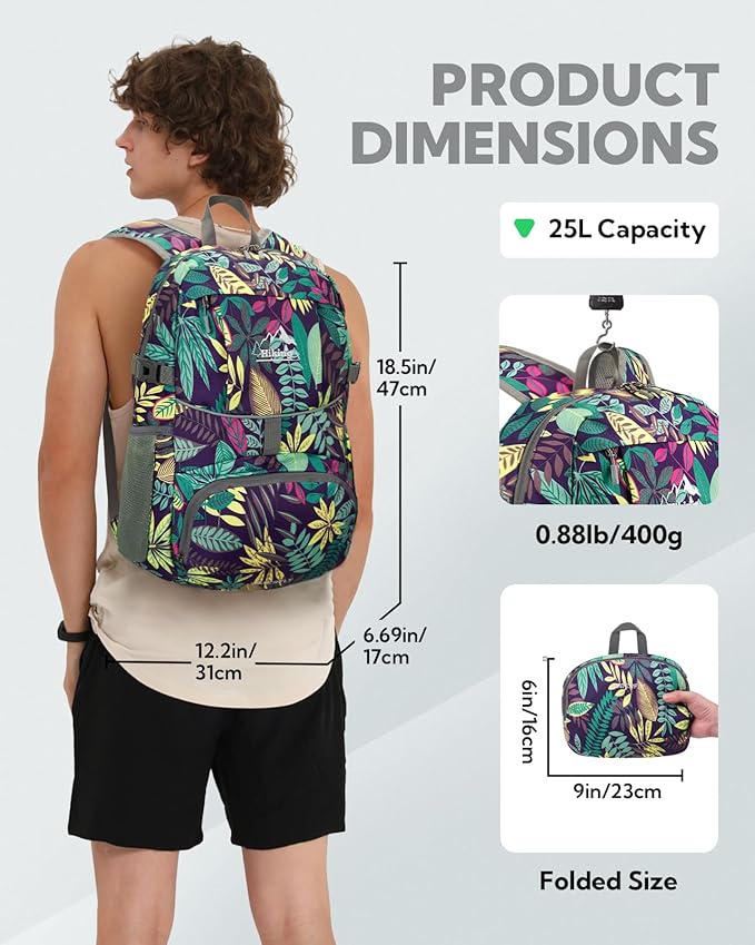 WATERFLY Hiking Packable Daypack Backpack: 25L Ultra Lightweight Day Pack for Women Men - Small Compact Folding Back Pack for Outdoor Sport Cycling Camping Travel Trip - Print