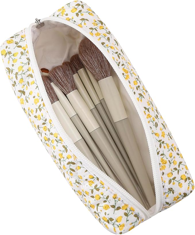 Cute Floral Cotton Makeup Brush Cosmetic Bag for Women, Travel Quilted Zipper Make Up Bag, Flowers Toiletry Organizer Case Kawaii Makeup Cosmetic Travel Cloth Pouch (Yellow Floral)