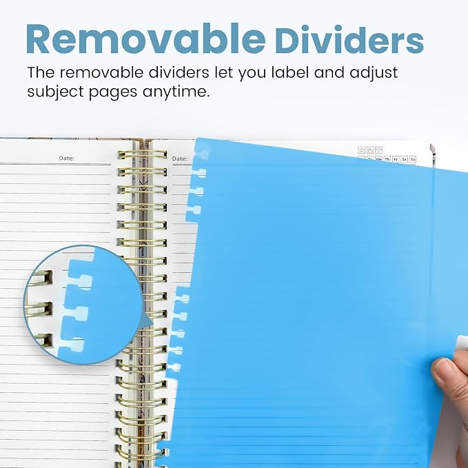Taja Pretty Large Spiral Lined Notebook for Work with 5 Removable Dividers