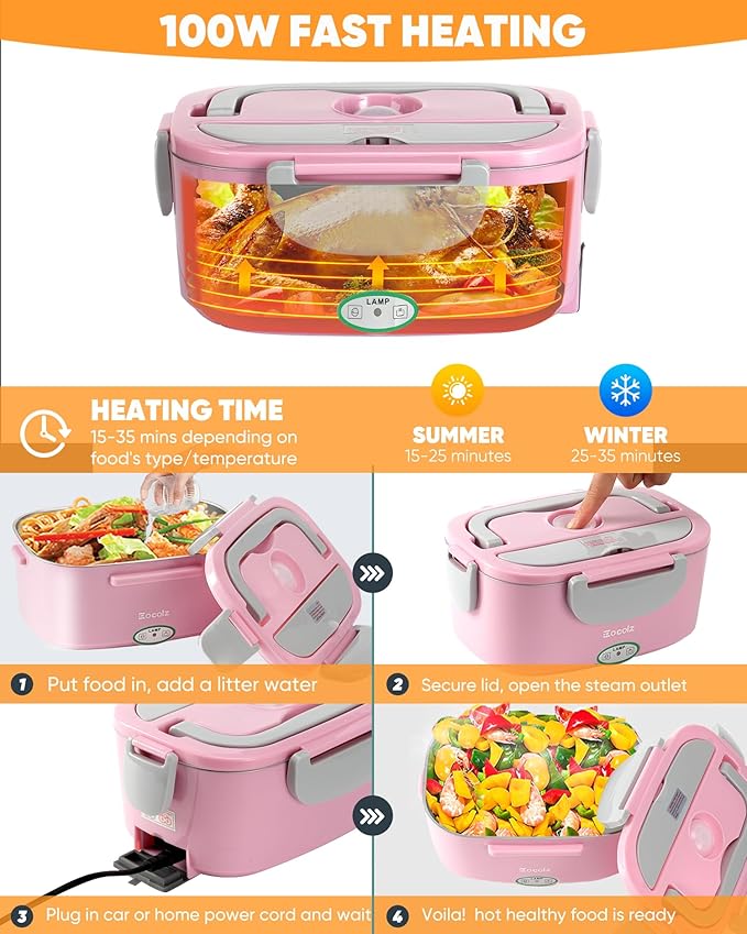 Eocolz Electric Lunch Box Food Heater 80-100W, Food Warmer with Dual Container 1.5L Portable Heated Lunch Box for Car Truck Work Stainless Steel Fork & Spoon 12/24/110V for Adults Lonchera Eléctrica