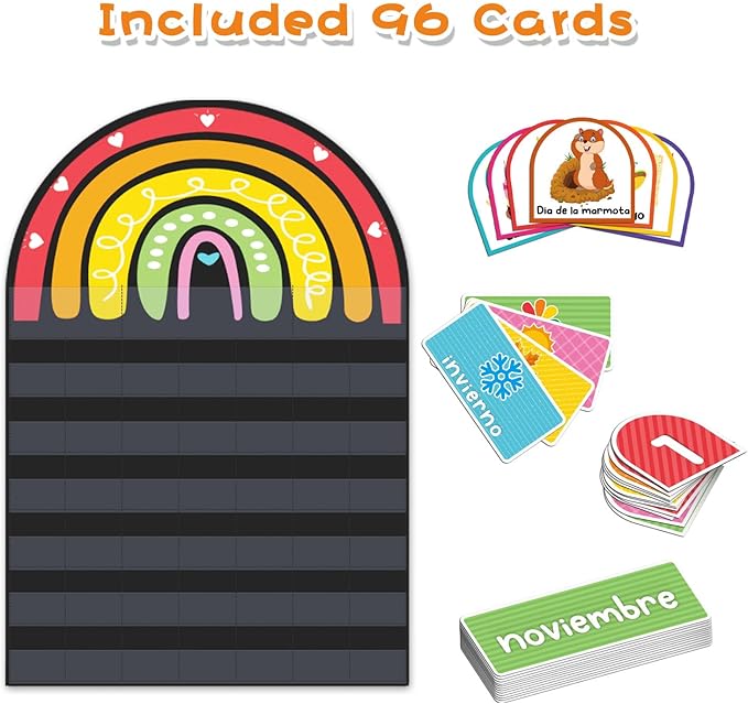 Rainbow Design Calendar Pocket Chart for Classroom & Home with 96 Activity Cards -Educational and Learning Calender Skills (Spanish)