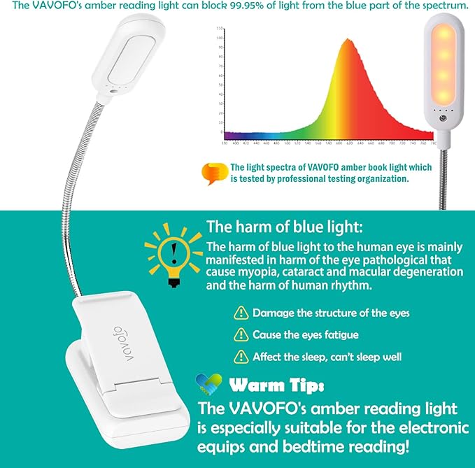 VAVOFO Clip On Rechargeable Reading Light, 7 LEDs with 3 Colortemperature 9 Brightness Levels Book Lights for Reading in Bed with Power Indicator for Bookworms Black (2-Pack White)