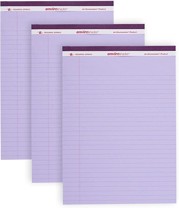 ROARING SPRING Enviroshades Orchid Legal Pads, 3 Pack, Legal Ruled Recycled Colored Writing Note Pads, 8.5" x 11", 50 Sheets, Perforated Paper, Made in USA, Memo Pad For School & Office