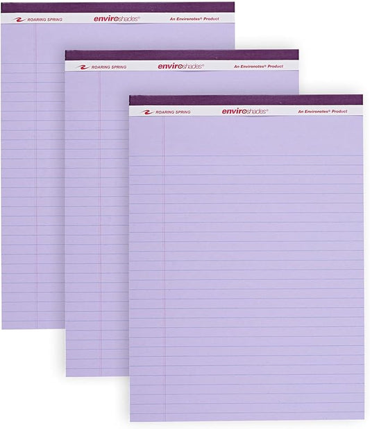 ROARING SPRING Enviroshades Orchid Legal Pads, 3 Pack, Legal Ruled Recycled Colored Writing Note Pads, 8.5" x 11", 50 Sheets, Perforated Paper, Made in USA, Memo Pad For School & Office