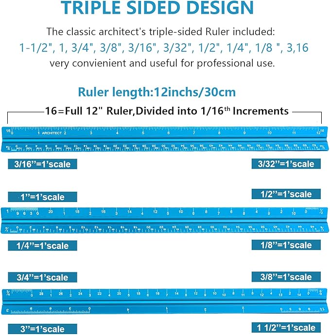 Architectural Scale Ruler, Imperial Measurements 12'', Laser-Etched Aluminum Architect Triangular Ruler for Architects, Students, Draftsman, and Engineers(Blue)