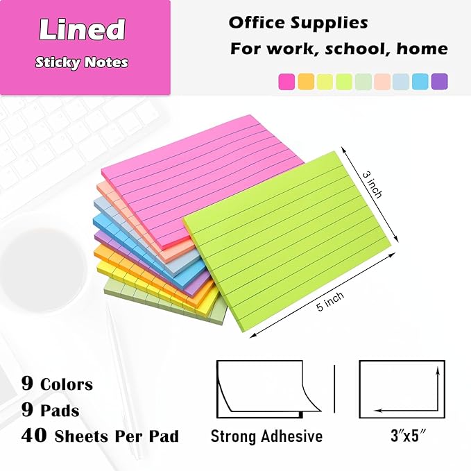 9 Pack Lined Sticky Notes 3x5 in Large Sticky Notes, 9 Bright Multi Colors Self Big Sticky Notes Pad Its, Strong Adhesive, Sticky Note Large for Notebook, Office, School and Home