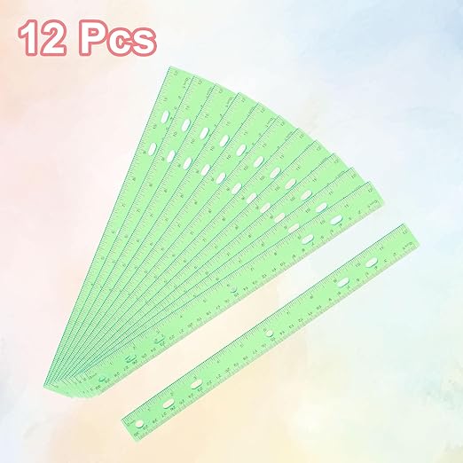 HARFINGTON 12pcs Plastic Rulers 12" (30cm) Clear Straight Ruler Measuring Tool Inches and Centimeters with Hole for Home Office Classrooms Drafting, Clear Green
