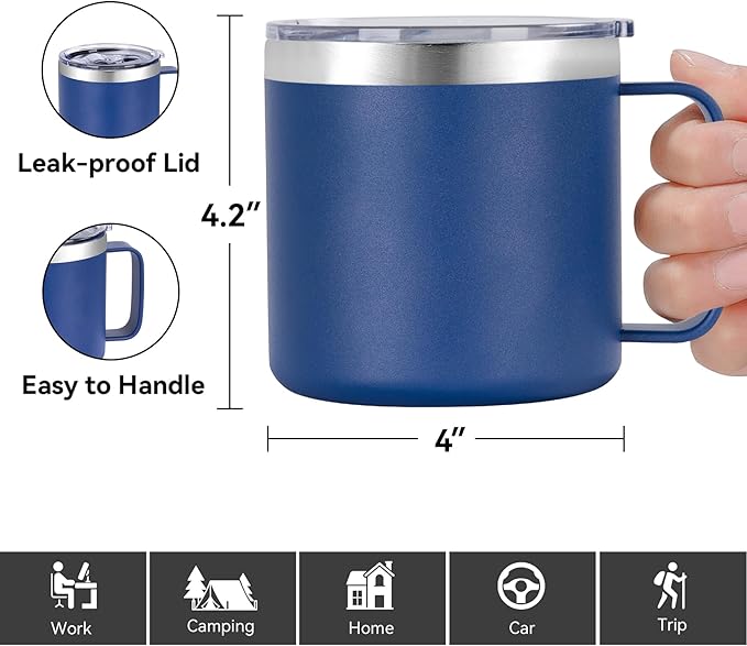 VEGOND 14 oz Insulated Coffee Mug with Handle, Stainless Steel Travel Coffee Mug with Lid, Double Wall Vacuum Metal Coffee Cup, Coffee Tumbler Powder Coated, Navy Blue