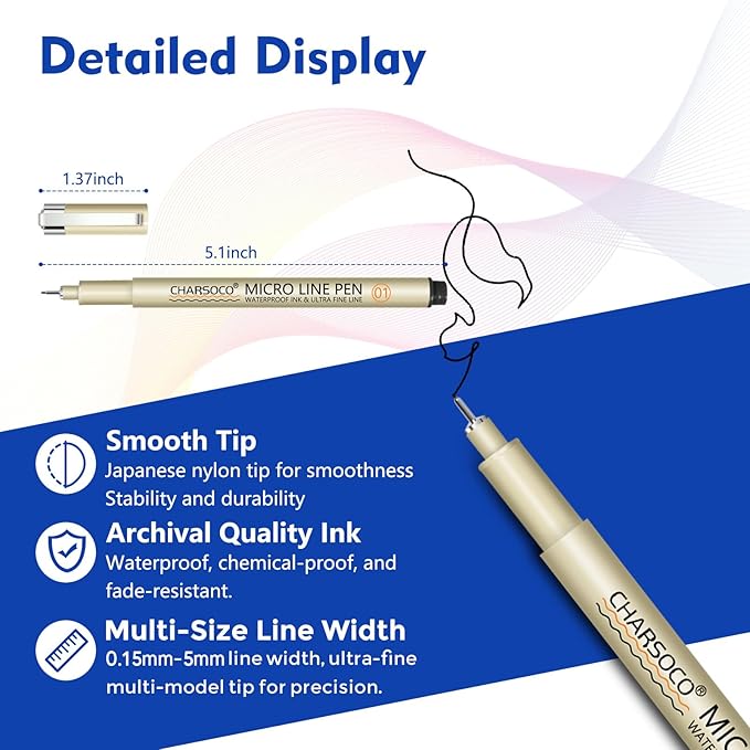 L Micro Pen, 6 Pack Black Fine Point Pen with Waterproof Archival Ink, 2-5mm Fineliner Ink Pens for Artist Illustration, Sketching, Anime, Manga, Technical Drawing and Scrapbooking-L