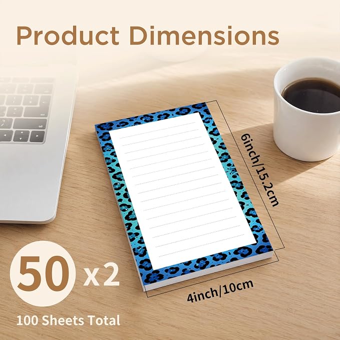 Lined Sticky Notes 4x6 in, 2 Pack Large Cute Notepads with Lines, Bright Post Memo Note Pads Big Rectangular Sticky Notes for Office Blue Cute Leopard