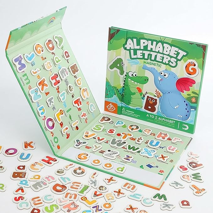 Magnetic Alphabet Book for Toddlers 3+, 52 Animal-Shaped ABC Magnets with Erasable Writing Practice, Portable Refrigerator Letters for Kids, Educational Travel Toy for Spelling & Reading