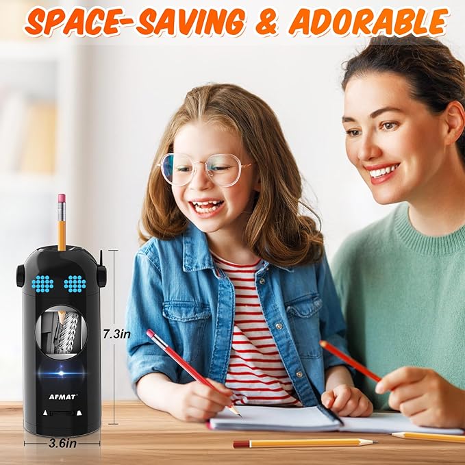 AFMAT Electric Pencil Sharpener, Fully Automatic Colored Pencil Sharpener for 7-11.5mm Pencils, Auto in & Out, Robot Pencil Sharpeners for Kids, Rechargeable Hands-Free with Dotted Eyes, PSX5ET, Black