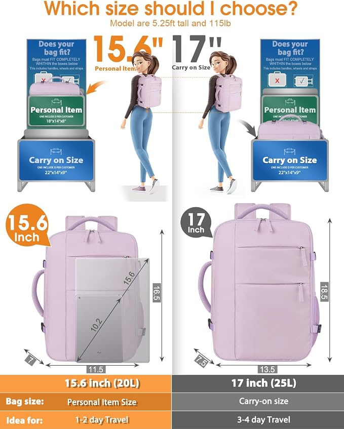 Capolo Travel Backpack for Women Men Waterproof Laptop Backpack Airlines Approved Personal Item Backpack Bag Computer Bookbag for Business, Work, Traveling Fits 15.6 Inch Laptop(Purple)