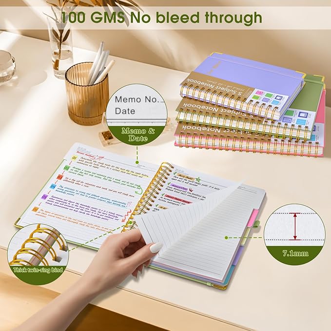 Hardcover Spiral Notebooks for Work, 5 Subject Notebook College Ruled with Dividers Tabs, 8.5" x 11" Lined Notebook Journal for women, A4 Large Notebooks for School Note taking, 240 Pages Green