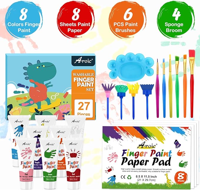 27PCS Kids Washable Finger Paint Set, 8 Colors Non Toxic Finger Paints, Finger Paint Paper, Brushes, Sponges, Art Painting Supplies for Toddlers,Finger Painting Supplies for Kids Boys Girls Gifts