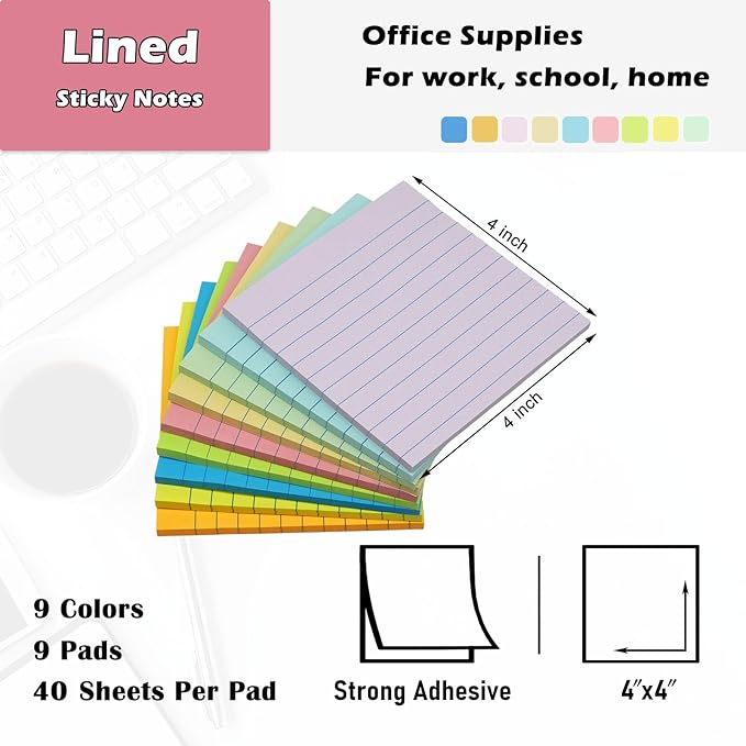 HQCME 9 Pads Lined Sticky Notes 4x4 in Post, 9 Multi Colors Super Sticking Power Memo Pads, Strong Adhesive, 4x4 Sticky Notes Large Eeay for Office, School, Home Use