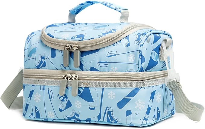 Insulated Kids Double Decker Lunch Bag Tote Pack for Girls Boys Toddler School Picnic Food Cooler Hot Water Ice with Strap (Winter Sports)