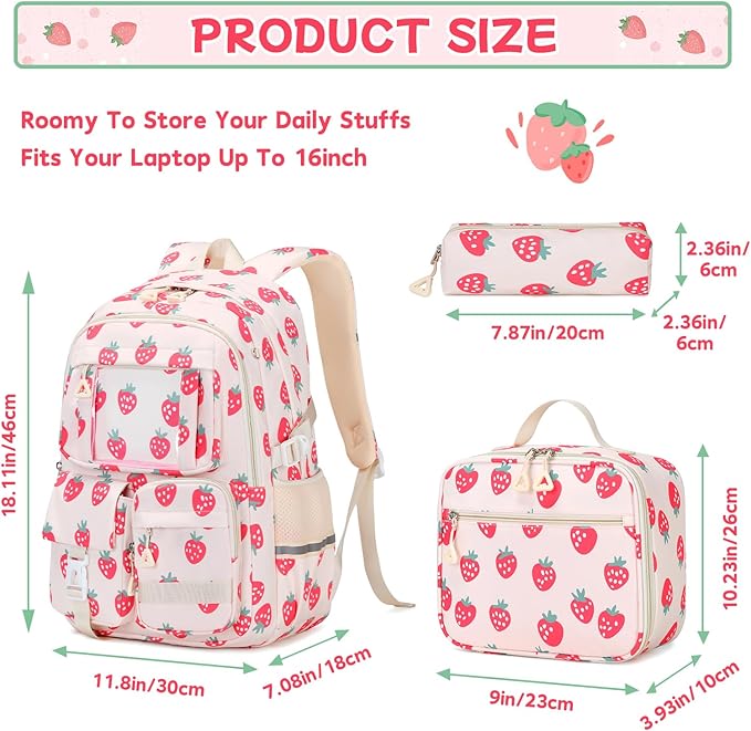 PIG PIG GIRL Backpack for Girls 3pcs Set Kids Backpack with Lunch Box Students Kawaii Book Bag for Elementary Primary Middle School Bags - Ita Backpack - Strawberry