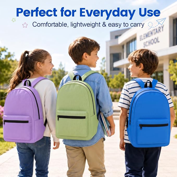 12 Pack Backpacks Bulk, 17 Inch Lightweight Bookbags in 6 Colors，Wholesale Backpack for Back to School Supplies