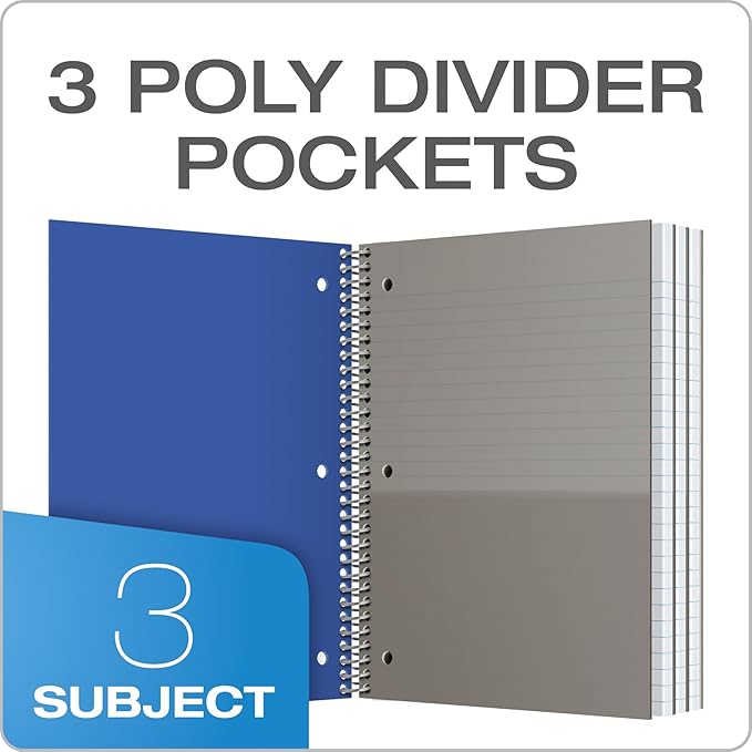 Oxford Spiral Notebooks, 3-Subject, College Ruled Paper, Durable Plastic Cover, 150 Sheets, 3 Durable Divider Pockets, 2 Pack, Blue and Black (10386)