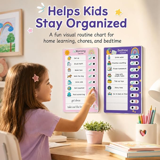 2PCS Magnetic Visual Chore Chart for Kids, Schedule Checklist for Kids, Kids to Do Task (1 Morning Checklist Boards, 1 Bedtime Checklist Boards) (Blue)
