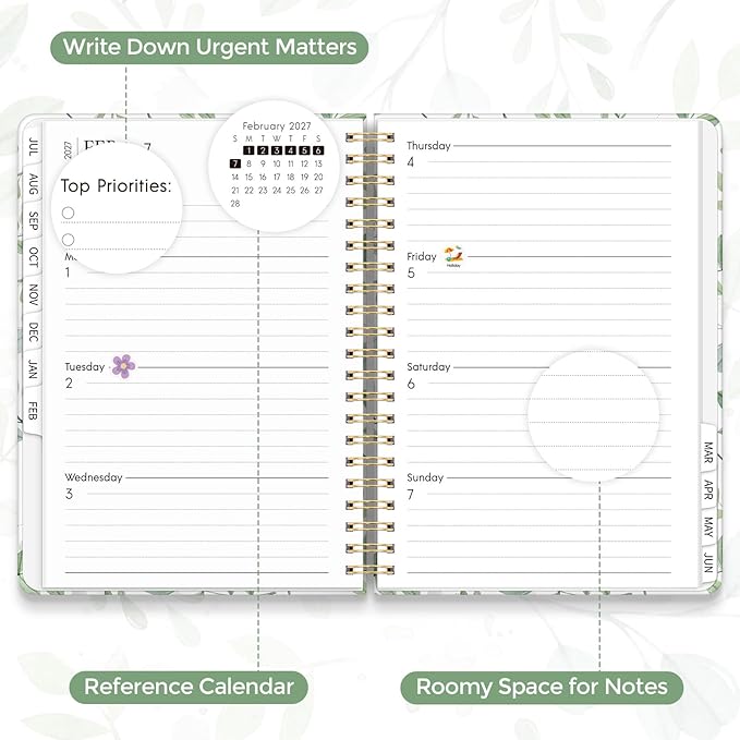 KONVINIT Academic Planner 2026-2027, Green Monthly Planner 2027, 12 Months Daily Planner 2026 with Tabs for Student Teacher, A5 (6.1" x 8.5") Weekly Planner 2026-2027 for Home, Office, School Supplies