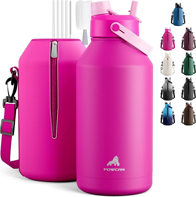 POWCAN 64 oz Insulated Metal Water Bottle for Women: 2-in-1 Straw & Spout Lid, Keep Cold 48H, Leakproof, Carrier Bag, Half Gallon Stainless Steel Water Bottle for Sports, Travel, and Fitness (Peony)