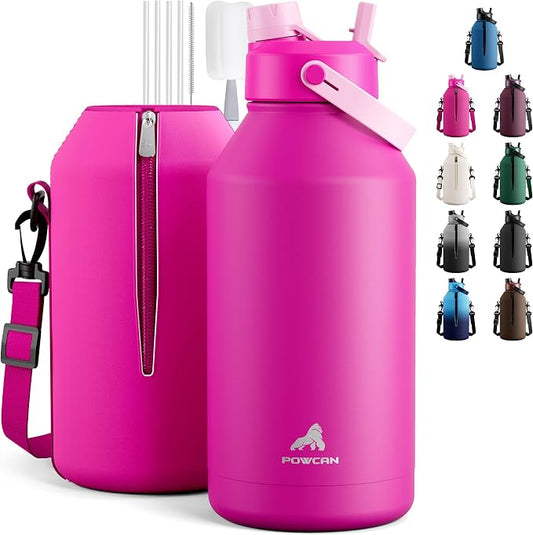 POWCAN 64 oz Insulated Metal Water Bottle for Women: 2-in-1 Straw & Spout Lid, Keep Cold 48H, Leakproof, Carrier Bag, Half Gallon Stainless Steel Water Bottle for Sports, Travel, and Fitness (Peony)