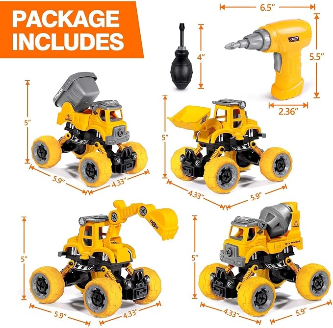 LUDILO Toys for 3 4 5 Year Old Boy Birthday Gift: 4PCS Take Apart Construction Truck Excavator Toy with Electric Drill, Kids Building Stem Learning Toy Gifts for 3 4 5 6 Year Old Boys Toys Age 4-6 3-5