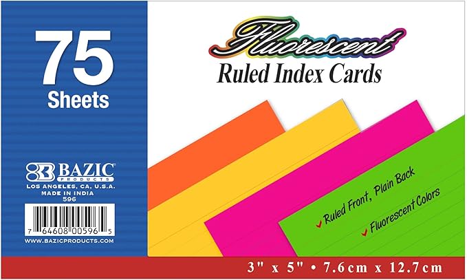 BAZIC 75 Count 3" X 5" Ruled Fluorescent Colored Index Card (596)