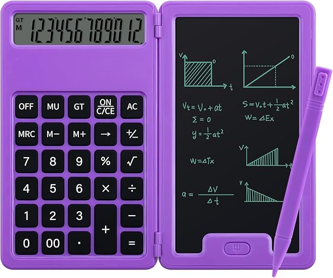 Desk Portable Basic Calculator, Small Mini Calculators with Writing Notepad and Stylus, More Lightweight and Portable, 12Digit Large Display Multi-Function for Office, Home & Financial (Purple)